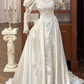 Ivory Vintage Satin Wedding Prom Dress, Square‑V Neck, Leg‑of‑Mutton Puff Sleeves, Lace Appliqués, A‑Line Scalloped Lace Long Train gh8673