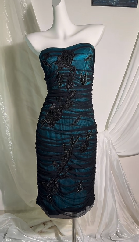 Sexy Green Base Satin Strapless Prom & Evening Party Dress, Black Waist Trim, Fitted Waist Bodycon Silhouette gh8553