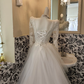 Ivory V-Neck Lace Long Sleeve Waist-Cinched Voluminous Skirt Long Romantic Dress, Wedding Gown gh7606