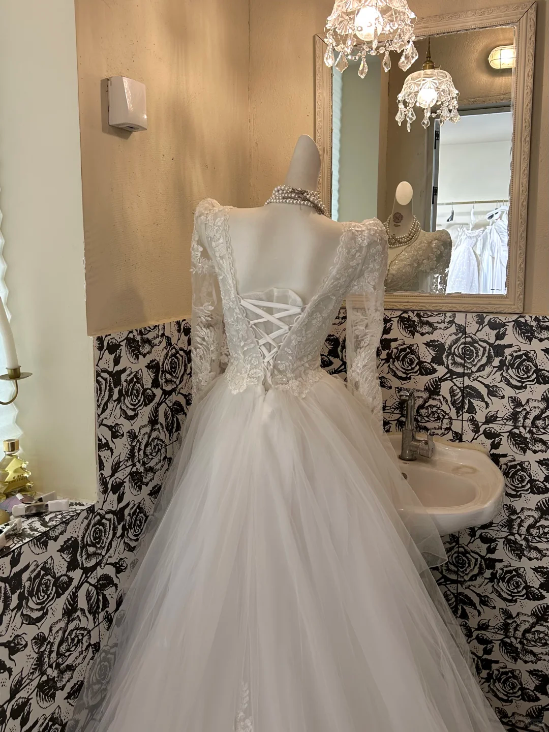 Ivory V-Neck Lace Long Sleeve Waist-Cinched Voluminous Skirt Long Romantic Dress, Wedding Gown gh7606