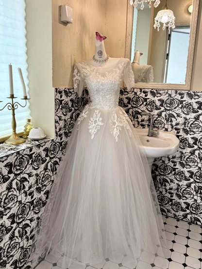 Ivory Embroidered Sequin Waist-Cinched Classic Elegant Full Flared Romantic Dress, Wedding Gown gh7530