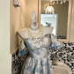Blue Printed Off-the-Shoulder Waist-Cinched Elegant Vintage Romantic Dress, Wedding Gown gh7584