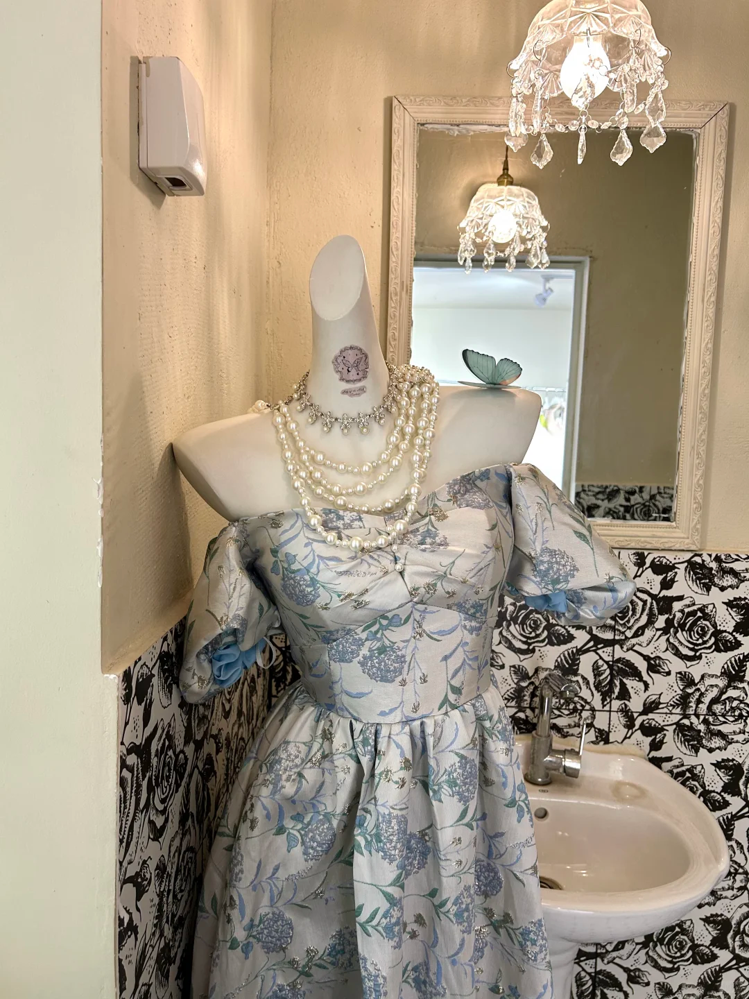Blue Printed Off-the-Shoulder Waist-Cinched Elegant Vintage Romantic Dress, Wedding Gown gh7584