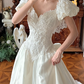 Off‑White Vintage Empire Waist V‑Neck Lace Appliqué Sheer Chiffon Puff Long Sleeve Ruffle Lace Hem Long Prom Gown, Wedding Dress gh8624