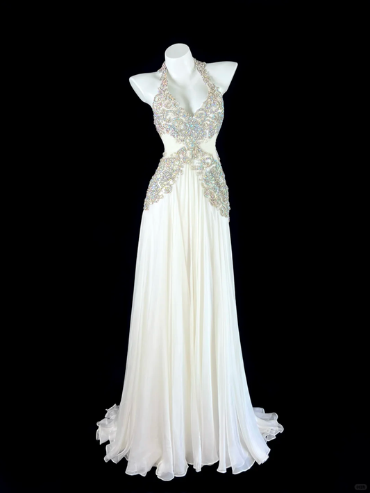 Luxury Vintage Off White Halter Sequin Fitted Waist Elegant Prom & Evening Party Dress gh8492