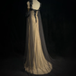 Square Neck Nude Mermaid Prom Dress Black Satin Bows Beaded Fringe Formal Gown with Mesh Train Cape gh9549