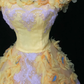 Yellow Off‑the‑Shoulder Princess Ball Gown, White Lace Applique Bodice, 3D Fabric Floral Ornaments, Lace Overlay Trim, Multi‑Layer Ruffled Chiffon Skirt, Cosplay Prom Dress gh8907