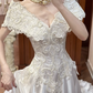 White Vintage Satin Ball Gown Wedding Prom Dress, V‑Neck Lace Cape Sleeves, Baroque Lace Appliqués, A‑Line Long Train gh8696