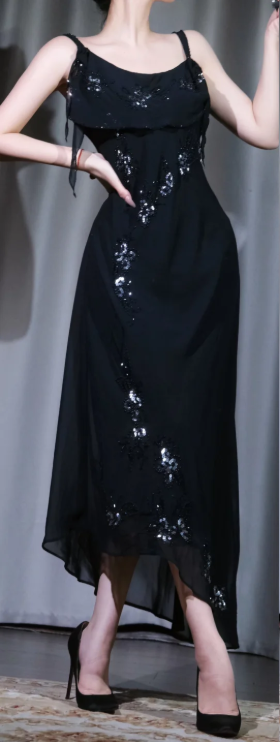 Spaghetti Strap Black Chiffon Evening Dress, Silver Floral Sequin Midi Gown with High Low Hem gh9905