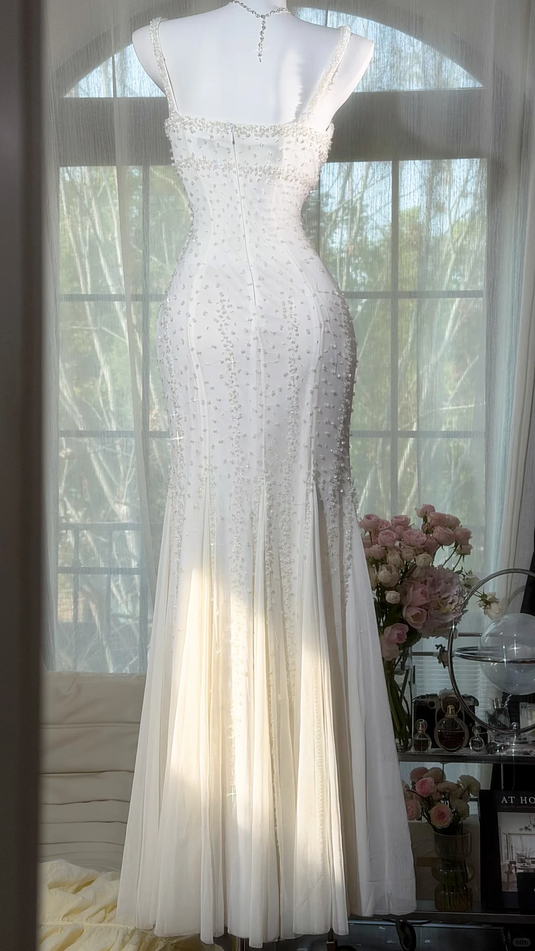 White V-Neck Spaghetti Strap Fully Beaded Fitted Mermaid Evening Dress, Prom Gown gh9522