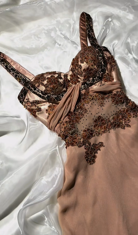 Luxury Vintage Rose Gold Spaghetti Strap Embroidered Fitted Waist Slim Prom & Evening Party Dress gh8528