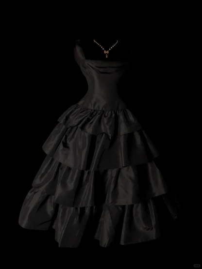 Vintage Black Satin Strapless Ball Gown, Square Bandeau Neck, Cinched Fitted Waist, Multi‑Tier Ruffled Cake Skirt, Formal Prom Party Evening Dress gh8898