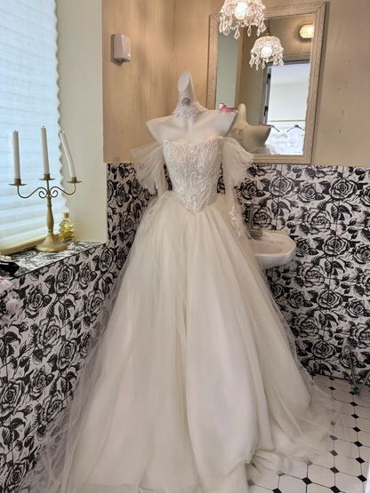 Ivory Off-the-Shoulder Waist-Cinched Full Flared Skirt Soft Elegant Romantic Dress, Wedding Gown gh7621