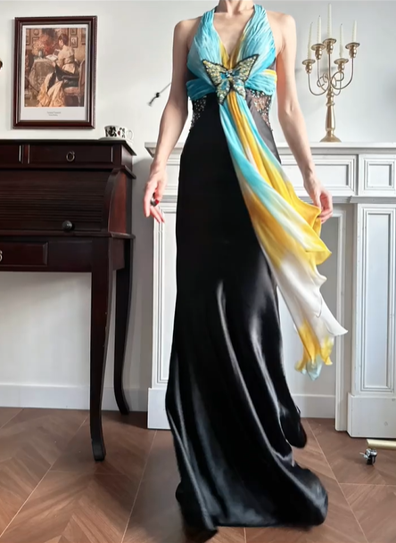 Black‑Satin Halter‑V‑Neck Ombre‑Chiffon Butterfly‑Beaded‑Applique Mermaid Floor‑Length Vintage Evening Prom Gown gh8796
