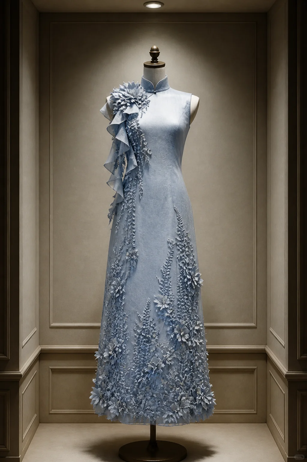 ✨Girlhomeshops-3D Floral Lace Light Ice Blue Qipao Cheongsam Midi Dress gh10476