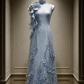 ✨Girlhomeshops-3D Floral Lace Light Ice Blue Qipao Cheongsam Midi Dress gh10476