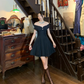 Off Shoulder Black Short Cocktail Dress, Heart Rhinestone Fitted Waist A-Line Skirt Vintage Formal Gown gh9886