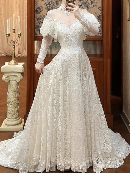 Off‑White Vintage Lace Illusion High‑Neck Off‑the‑Shoulder Ruffle Long Sleeve Fitted Waist Full Lace Train Long Prom Gown, Wedding Dress gh8612