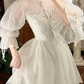 Off‑White Vintage Victorian High‑Neck Lace Bubble Flare Sleeve Tiered Ruffle Train Prom Gown, Wedding Dress gh8605