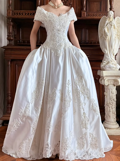 Ivory Satin Vintage Heart Off‑the‑Shoulder Cap Sleeve Heavy Beaded Lace Appliqué Fitted Waist Ball Gown With Pockets, Long Wedding Prom Dress gh8626