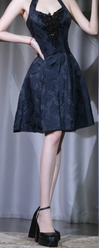 ✨Girlhomeshops-Navy Halter Short Prom Dress Lace Applique Beaded A-Line Jacquard Gown gh9992