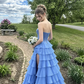 Light Blue Strapless Waist-Cinched Tiered Cake Skirt Evening Dress, Fairy Gown, Romantic Gown gh7423