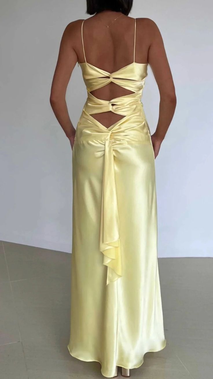 Yellow Fashion V-neck Spaghetti Straps Elegant Long Satin Back Tie-up Ball Gown Evening Dress Party Dress gh3160