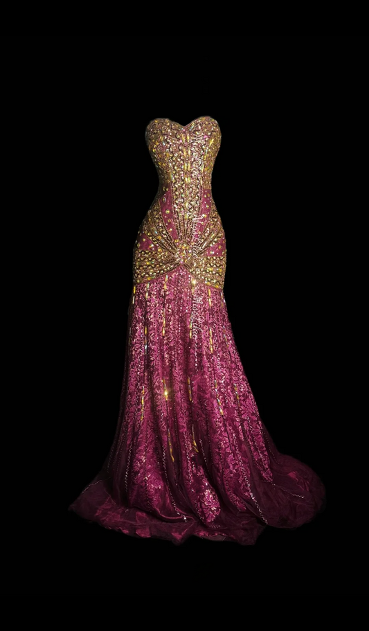 Golden Strapless Beaded Waist-Cinched Evening Gown with Pink Skirt, Elegant Dress for Parties & Balls gh7157