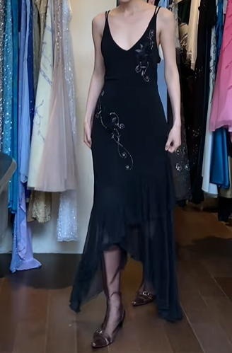 Black Double Strap Long Formal Gown 3D Floral Beaded Asymmetrical Ruffle Mermaid Dress gh9637
