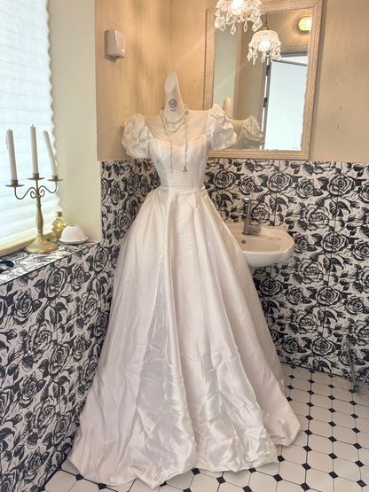 White Puff Sleeve Square Neck Satin Waist-Cinched Fitted Full Flared Romantic Dress, Wedding Gown gh7544