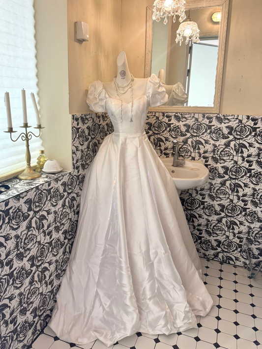 White Puff Sleeve Square Neck Satin Waist-Cinched Fitted Full Flared Romantic Dress, Wedding Gown gh7544