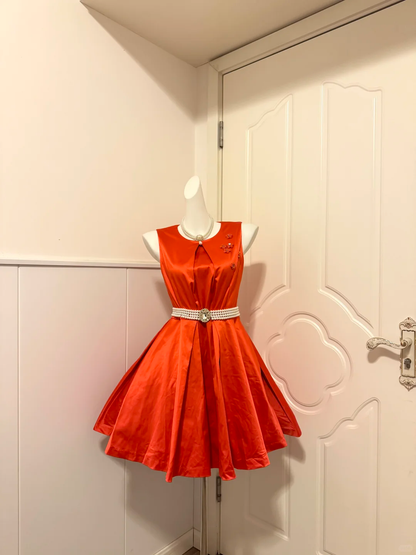 Bright Red Satin Sleeveless Short Cocktail Dress, Round Neck Pleated Bodice Beaded Floral Accents Pearl Rhinestone Sash A‑Line Homecoming Party Gown gh9259