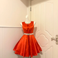 Bright Red Satin Sleeveless Short Cocktail Dress, Round Neck Pleated Bodice Beaded Floral Accents Pearl Rhinestone Sash A‑Line Homecoming Party Gown gh9259