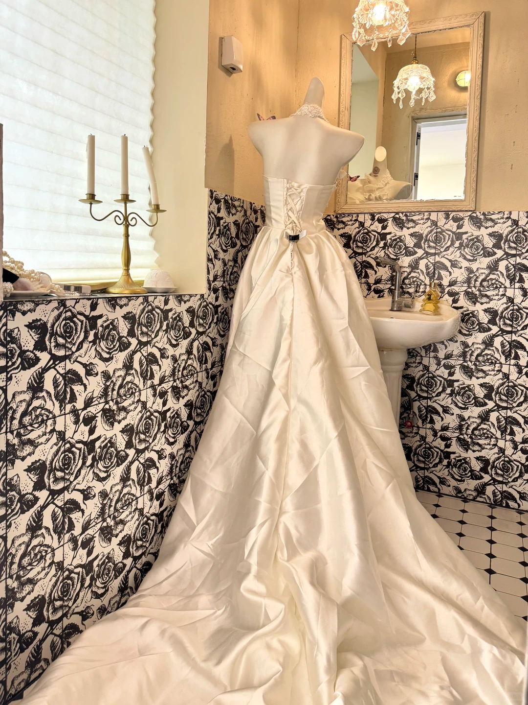 White Satin Strapless Waist-Cinched Full A-line Long Romantic Dress, Wedding Gown gh7498