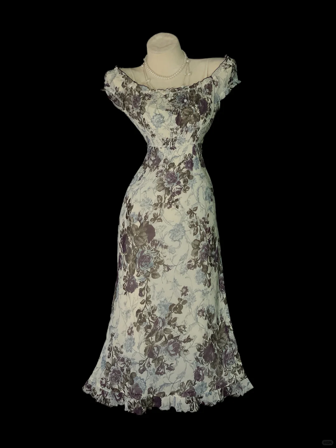 Vintage Oil‑Painting Floral Print Midi Gown, Off‑The‑Shoulder Ruffle Short Sleeves, Fitted Waist, Flared Midi Mermaid Skirt, Ruffled Hem, Retro Garden Prom Photoshoot Party Dress gh8871