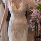Ivory Gold Gatsby Vintage Mermaid Evening Gown, Beaded Tassel Neck Cutout Deep V Cap Sleeve Sequin Beaded Embroidery Formal Party Dress gh9068