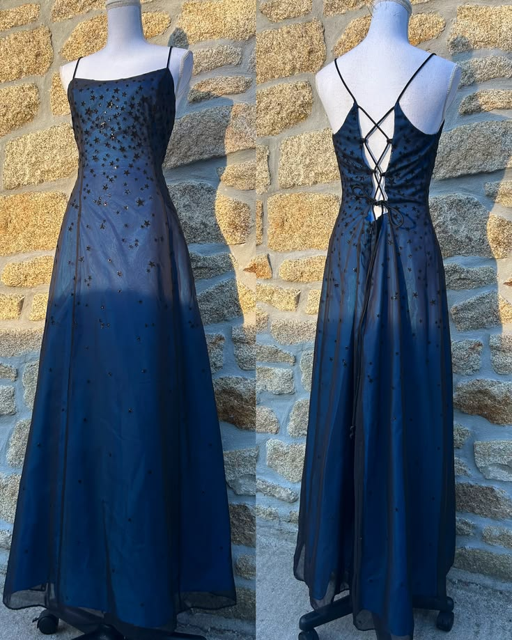 ✨Girlhomeshops-Navy Blue Star Beaded Tulle Crisscross Lace Up Back A-Line Formal Prom Gown gh10273