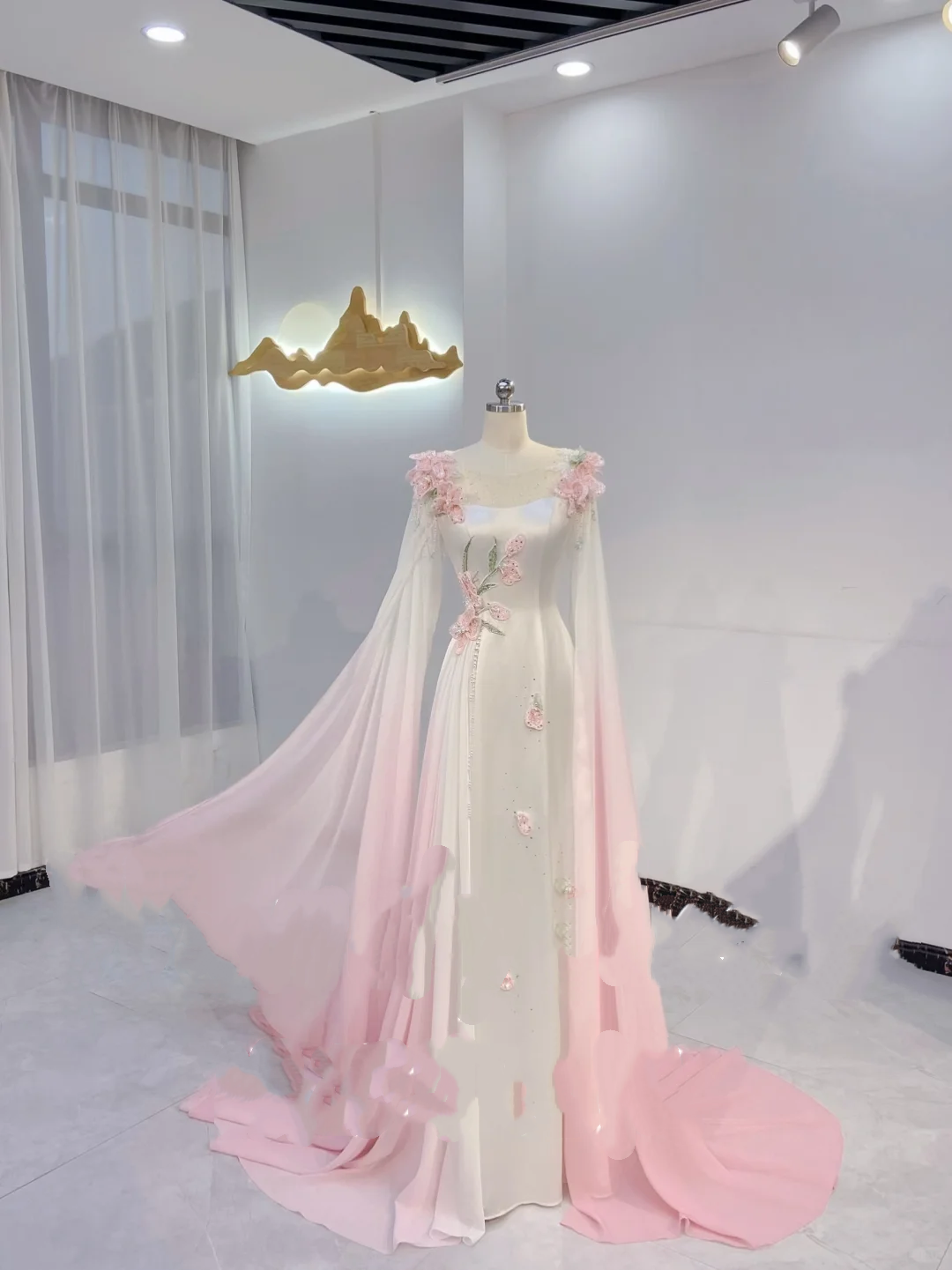Light Pink Gradient Waist-Cinched Fitted Elegant Long Evening Dress, Fairy Gown, Romantic Gown gh7409