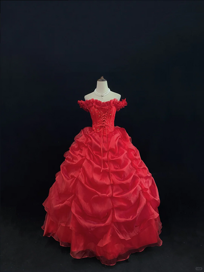 Red Off-the-Shoulder Elegant Romantic Gown, Cinched Waist, Voluminous Princess Skirt, Wedding Dress gh8116