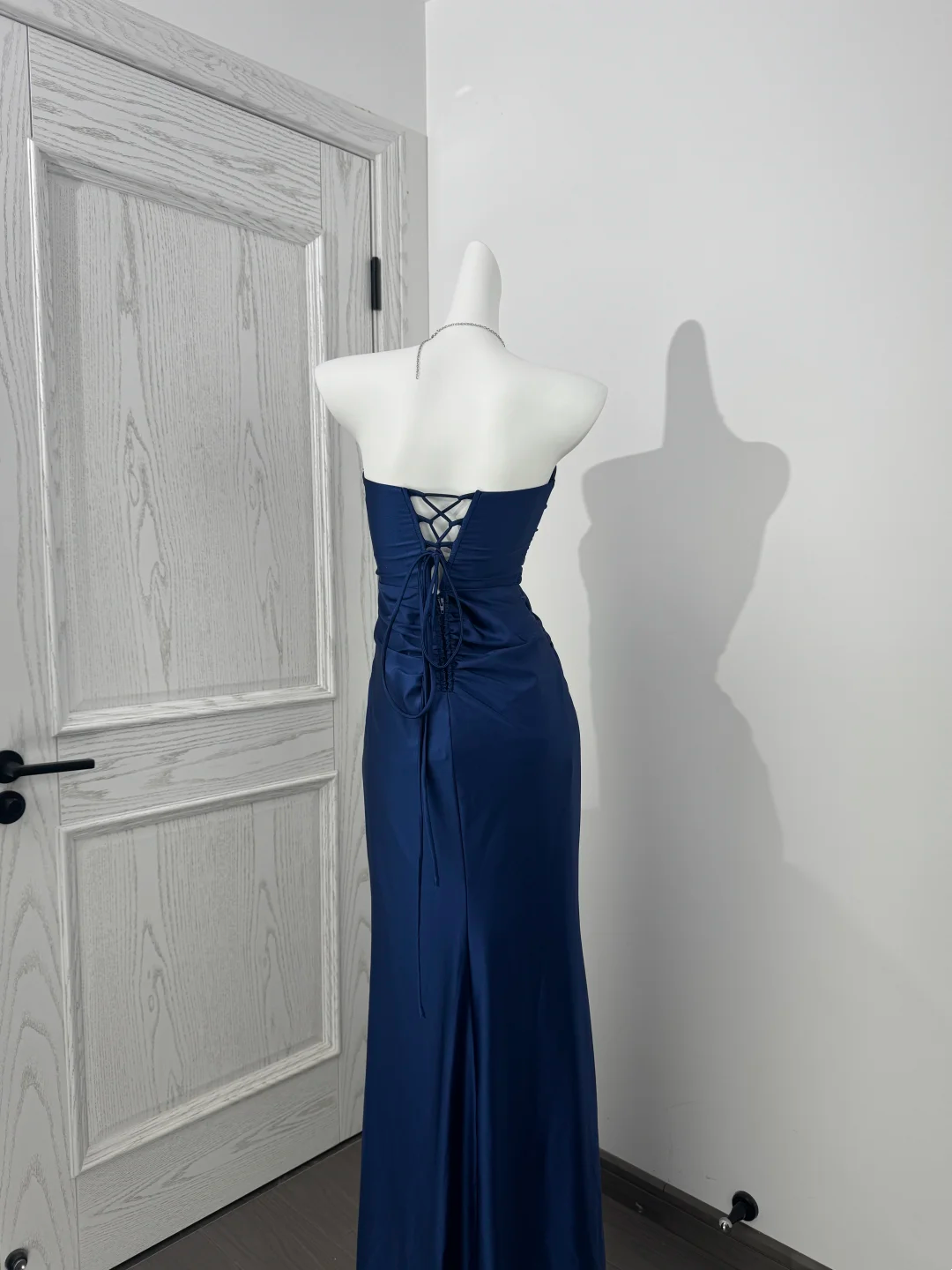 Navy Blue Strapless Waist-Cinched Slim Slit Sexy Prom Evening Gown gh7218