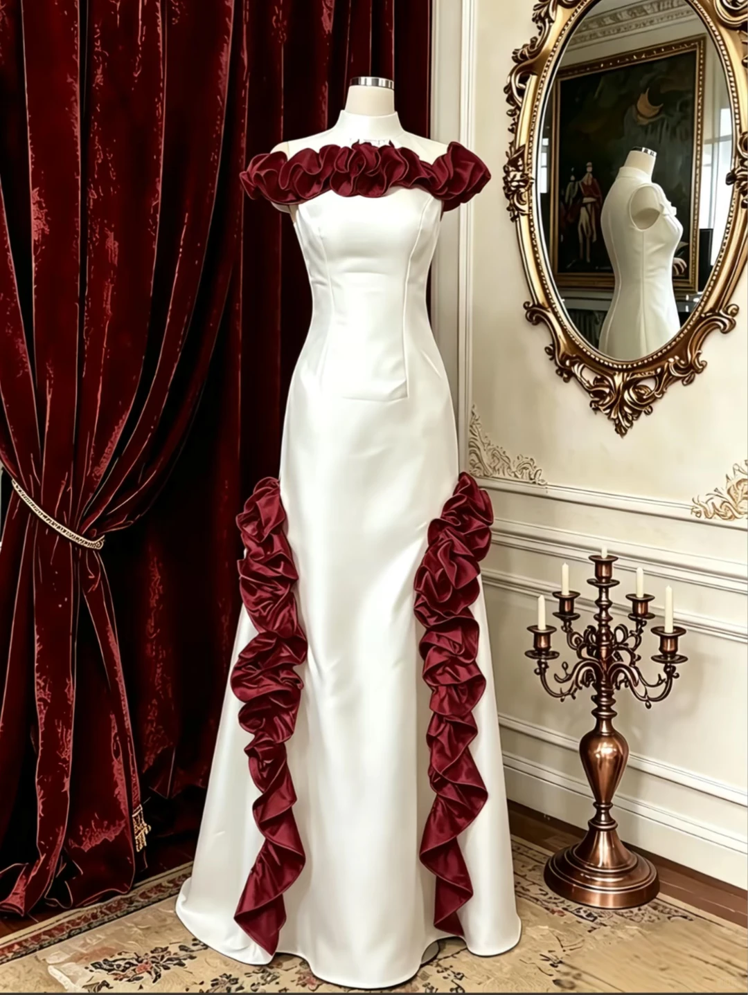 White High Neck Waist-Cinched Fitted Lace Trim Skirt Elegant Evening Dress, Fairy Gown, Romantic Gown gh7487