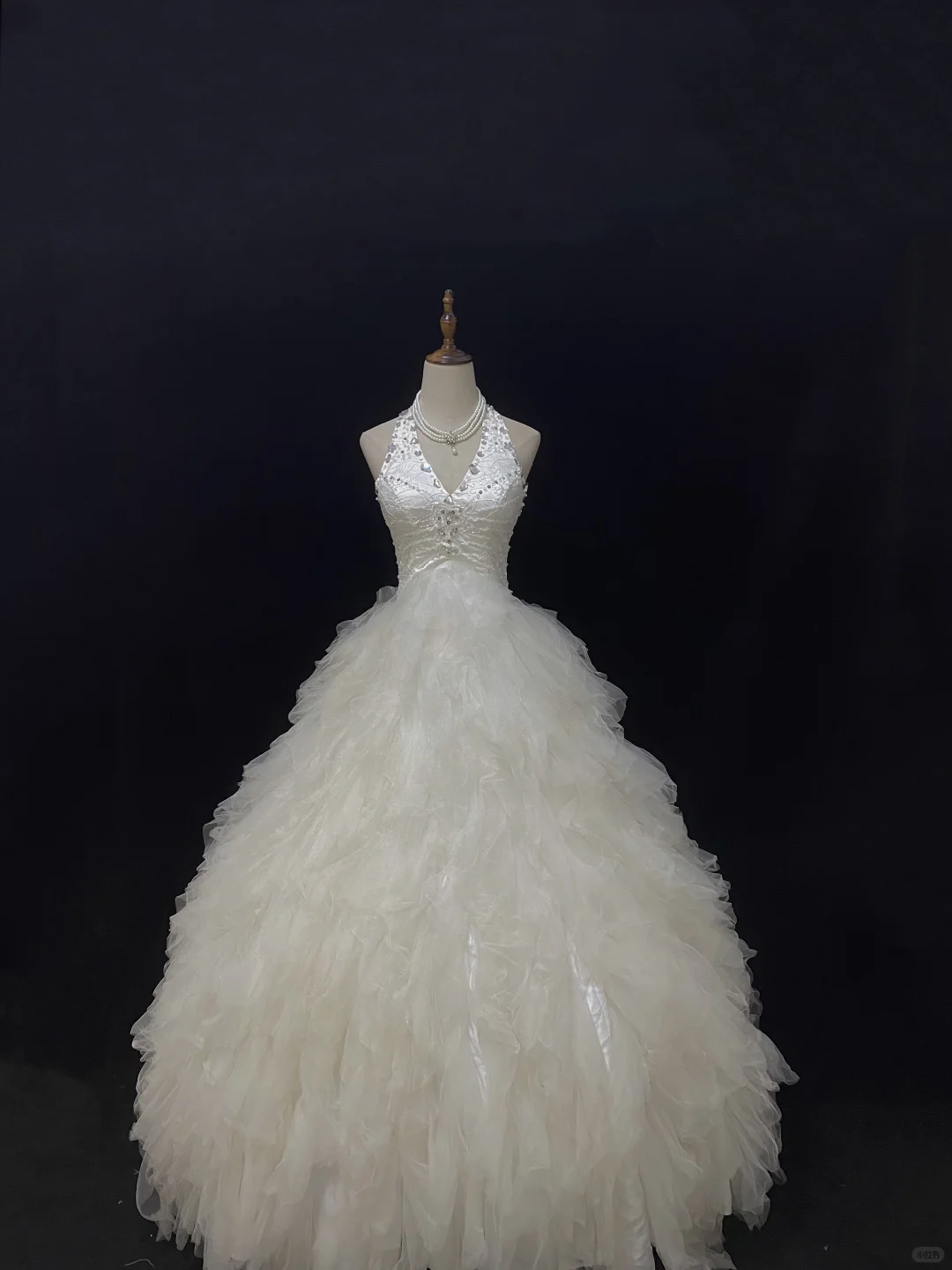 Off White Halter Romantic Gown, Rhinestone Embellishments, Cinched Waist, Fluffy Lovely Skirt, Wedding Dress & Bridal Gown gh8161