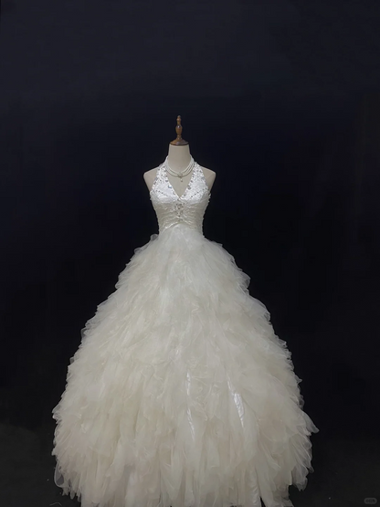 Off White Halter Romantic Gown, Rhinestone Embellishments, Cinched Waist, Fluffy Lovely Skirt, Wedding Dress & Bridal Gown gh8161
