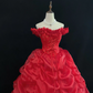 Red Off-the-Shoulder Elegant Romantic Gown, Cinched Waist, Voluminous Princess Skirt, Wedding Dress gh8116