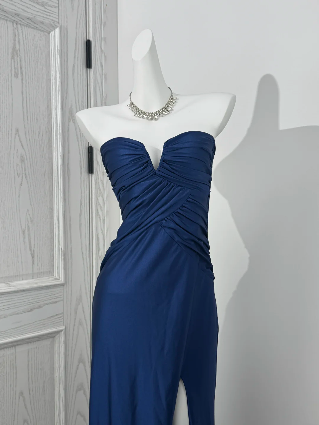 Navy Blue Strapless Waist-Cinched Slim Slit Sexy Prom Evening Gown gh7218