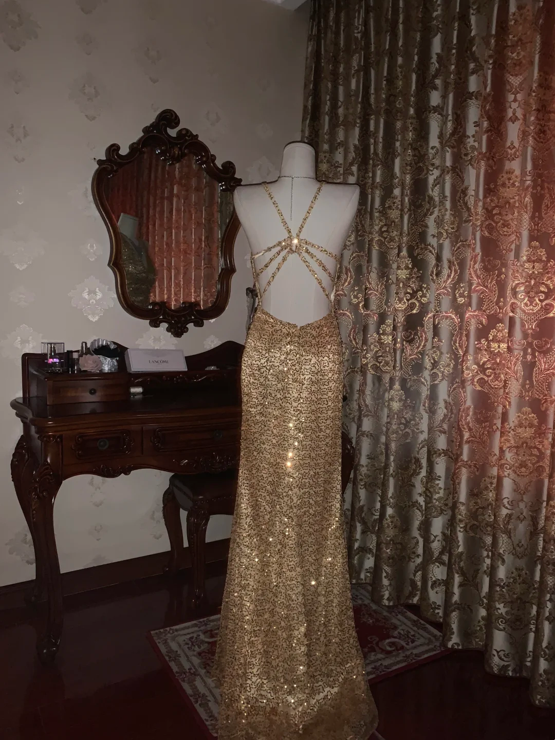 Gold Sequin Spaghetti Strap Fitted Waist Slim Sexy Prom Gown, Evening Dress, Graduation Prom Dress gh7262