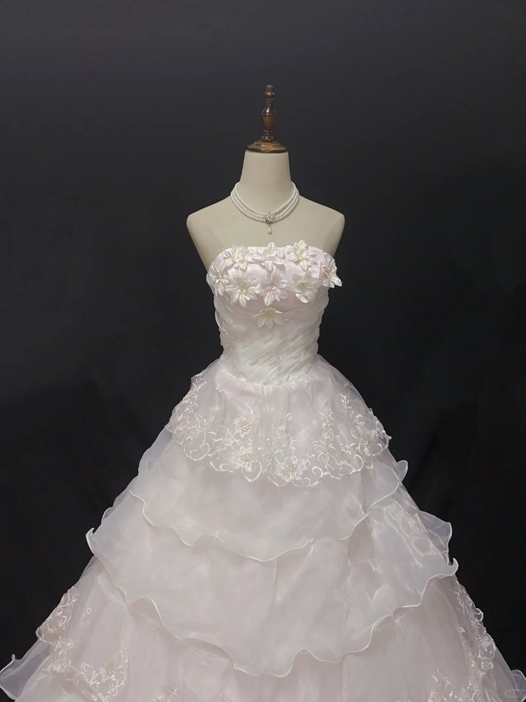 Off-white Strapless Romantic Gown With Floral Embellishments, Fitted Waist & Voluminous Princess Skirt, Wedding Dress & Bridal Gown gh8201