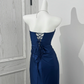 Navy Blue Strapless Waist-Cinched Slim Slit Sexy Prom Evening Gown gh7218