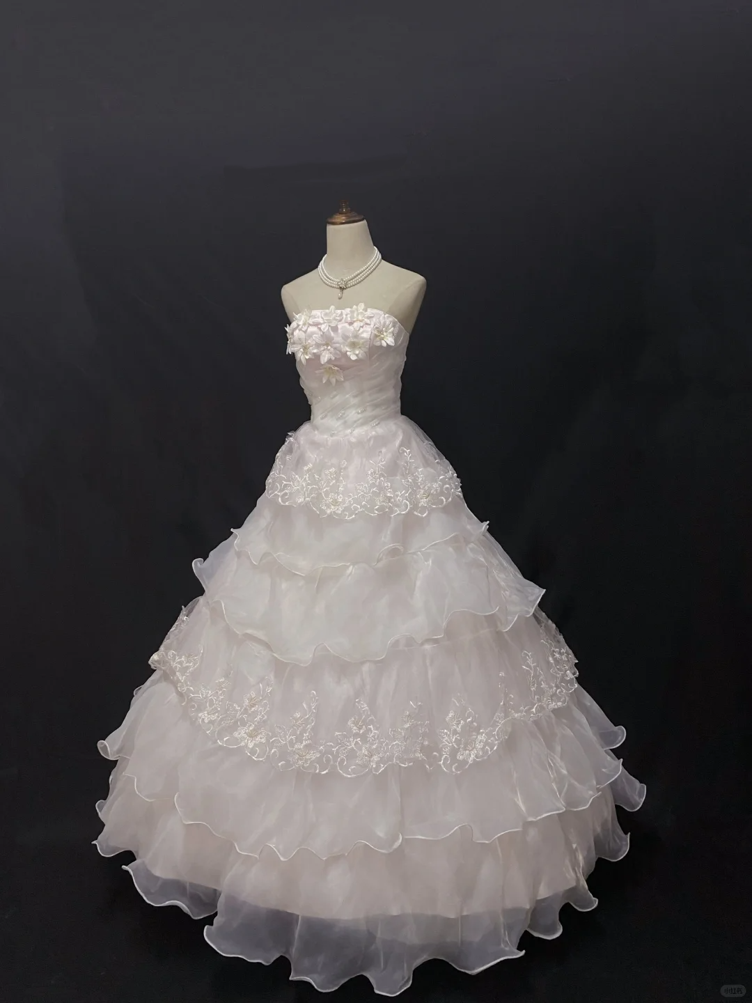 Off-white Strapless Romantic Gown With Floral Embellishments, Fitted Waist & Voluminous Princess Skirt, Wedding Dress & Bridal Gown gh8201