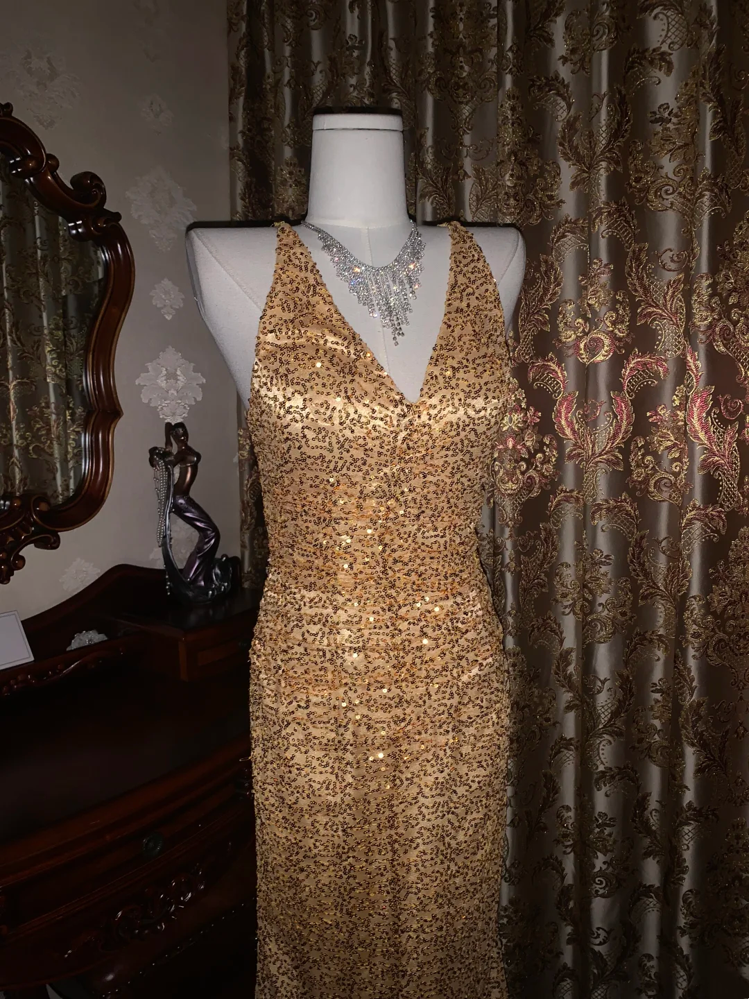 Gold Sequin Spaghetti Strap Fitted Waist Slim Sexy Prom Gown, Evening Dress, Graduation Prom Dress gh7262